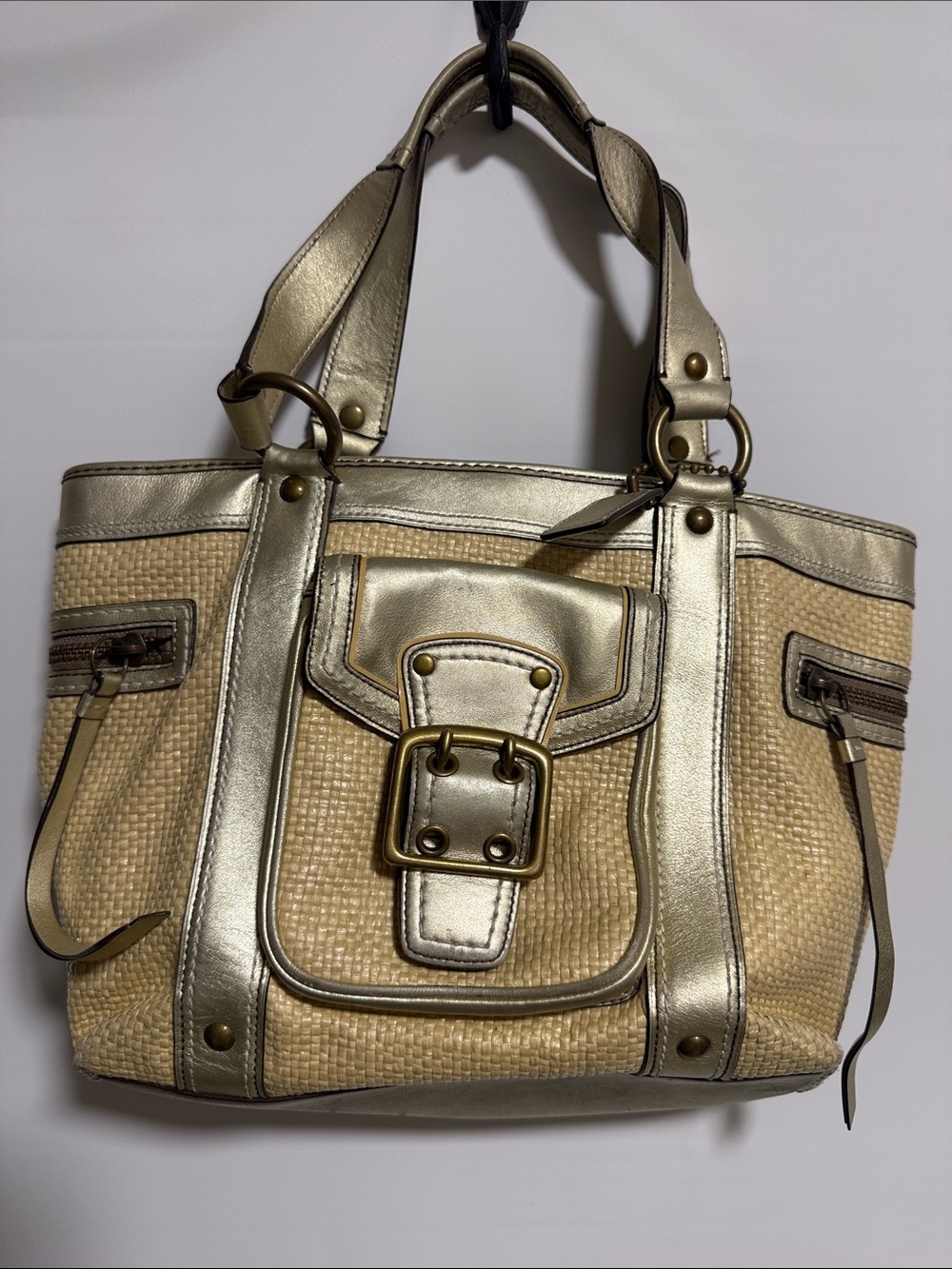 Coach Legacy Vintage Straw Metallic Gold Leather Tote Bag M05K-113 - Picture 3 of 15